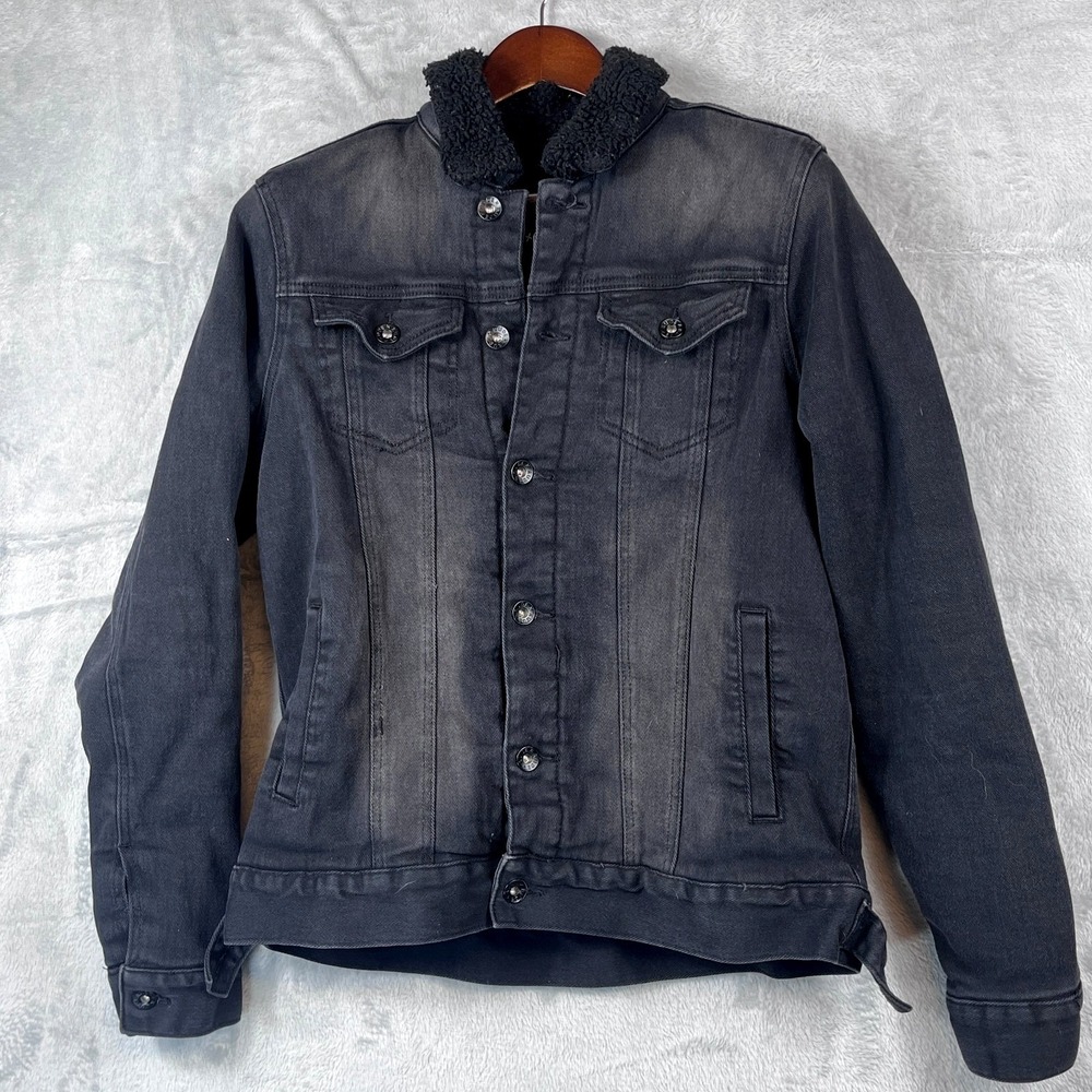 Rude Mens S Sherpa Lined Denim Jacket Black Faded Heavy Coat Size Grunge Street